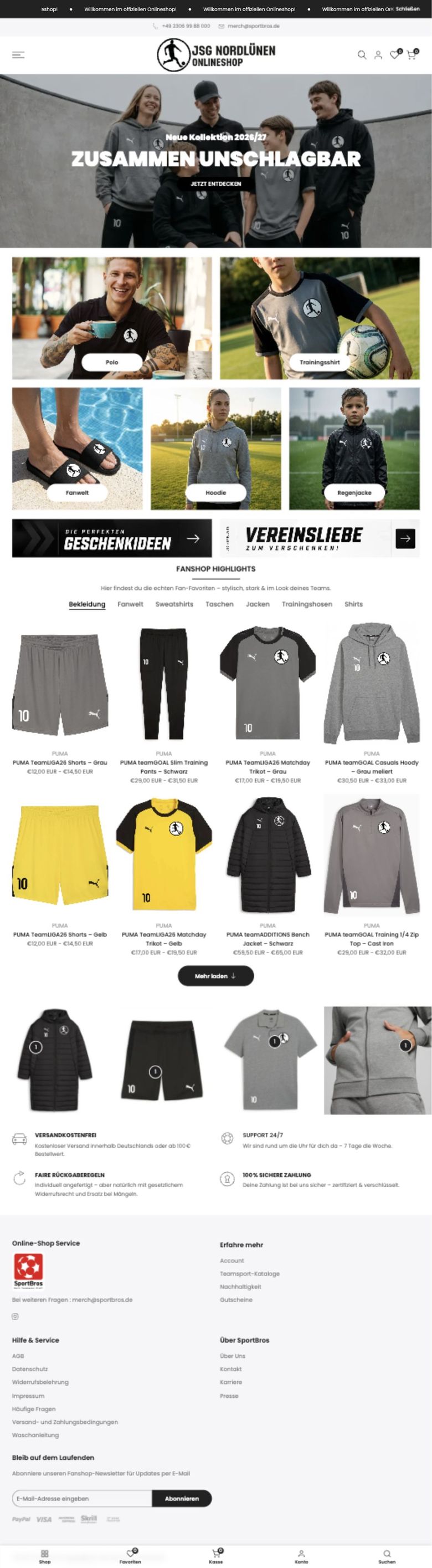 Vereinsshop der JSG Nordlünen: Startseite mit Kollektion, Kategorien und Fanshop-Highlights