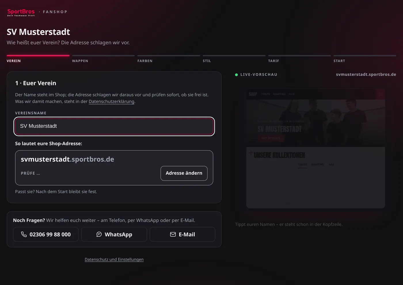 Fanshop-Assistent, Schritt Verein: das Feld Vereinsname zeigt SV Musterstadt, die Shop-Adresse svmusterstadt.sportbros.de ist frei, rechts die Live-Vorschau des Shops.