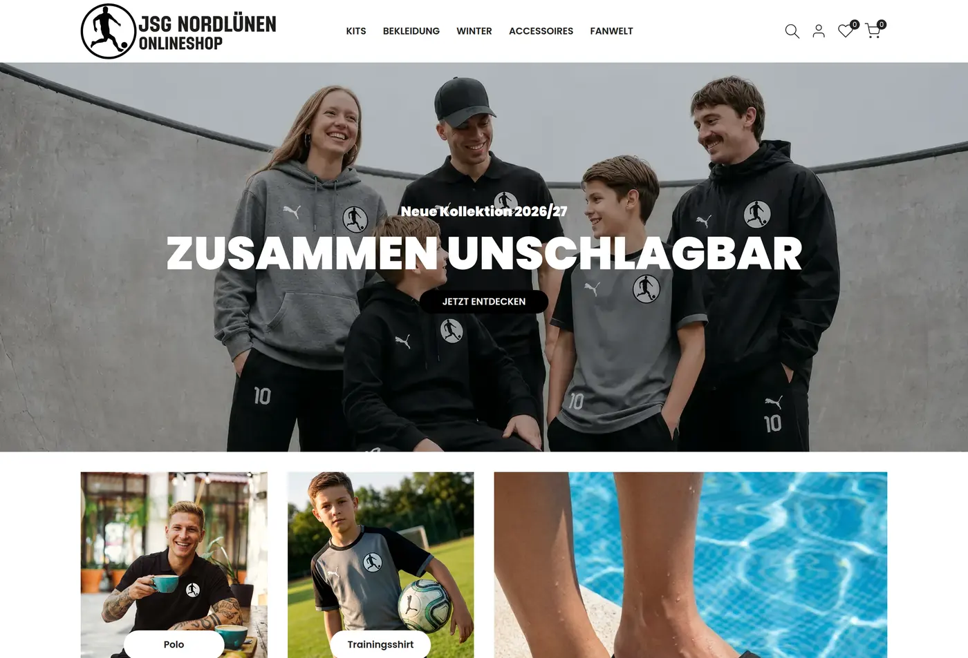 Öffentlicher Vereinsshop der JSG Nordlünen: Vereinslogo in der Kopfzeile, Navigation und ein großes Bild der Mannschaft im Vereinstrikot.